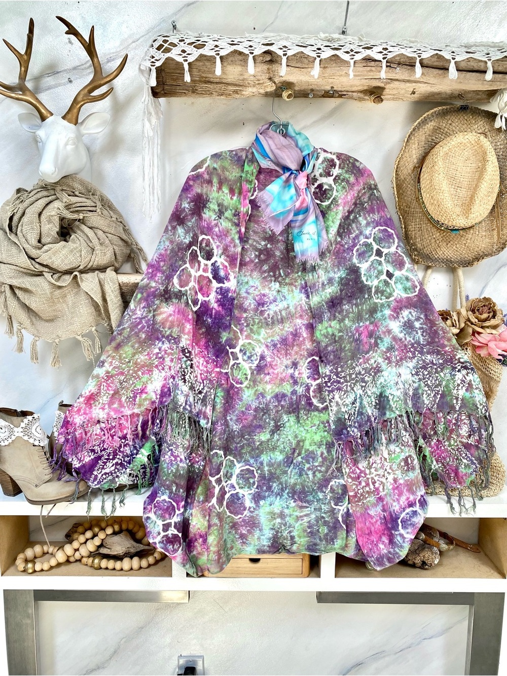 FRINGE TIE DYE Artisan boho Gypsy cocoon kimono cover up southwestern hippy vibe